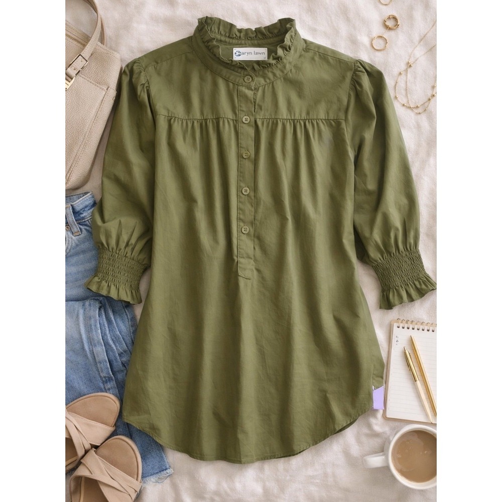 Caryn Lawn Ruffle Collar Button Front Long Sleeve Shirt Kimberly Top L